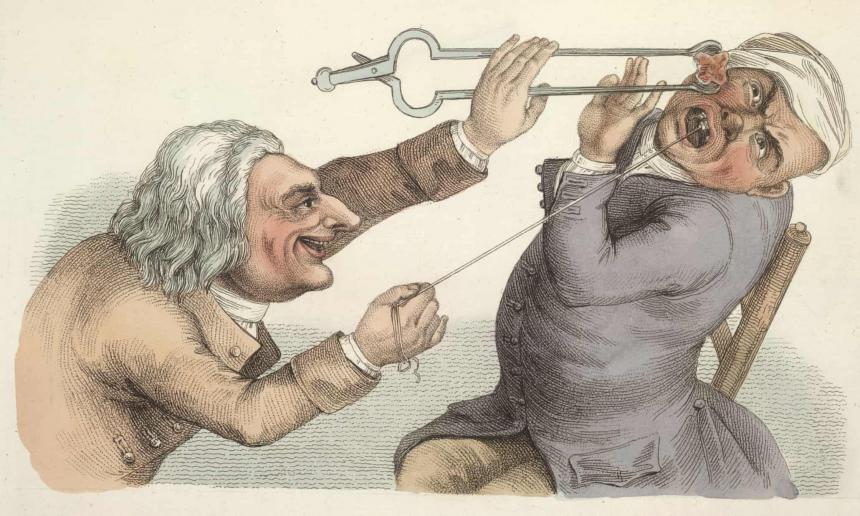 Садист-зубодробитель, пугающий пациента раскаленным углем (John Collier, 1810г.)